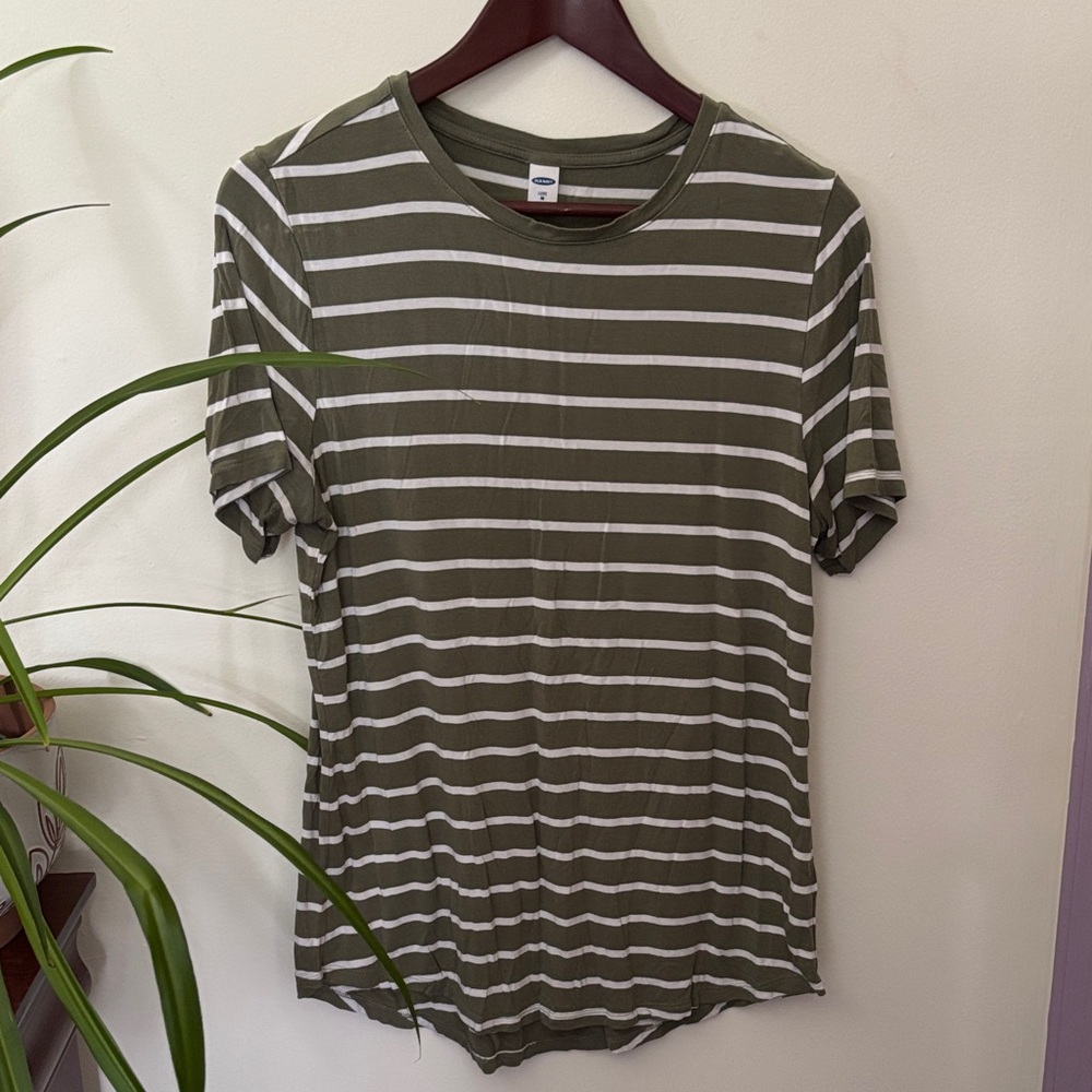 Old Navy Olive and White Striped Short Sleeve Tee